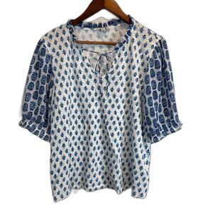 Lucky Brand Blue and White Floral Top Women's Size Large Boho Peasant Tie Neck